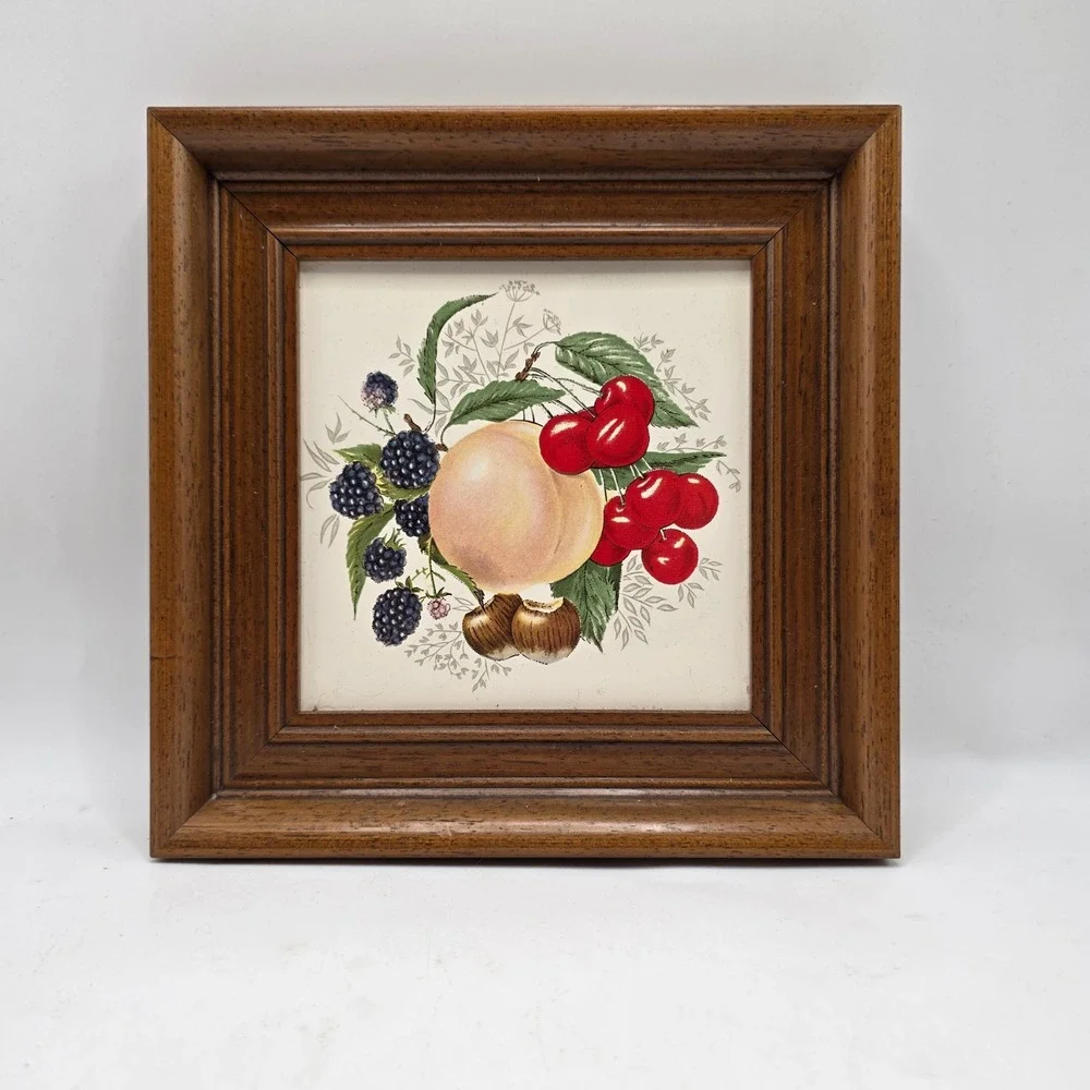 Vintage Framed Fruit Ceramic Tile Art Brown Wood Square Kitchen Still Life Decor